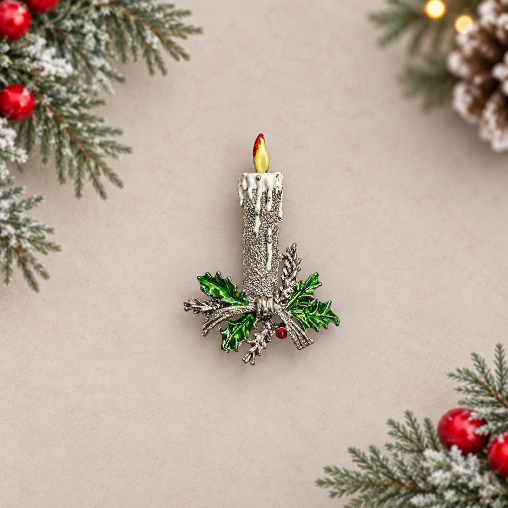 Vintage Christmas Candle Brooch Enamel Holly Silver Tone Rhinestone Pin CP270