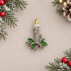Vintage Christmas Candle Brooch Enamel Holly Silver Tone Rhinestone Pin CP270