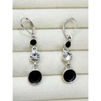 Black & Clear Rhinestone Dangle Earrings Silver Leverback 2.5" Pre-loved E502