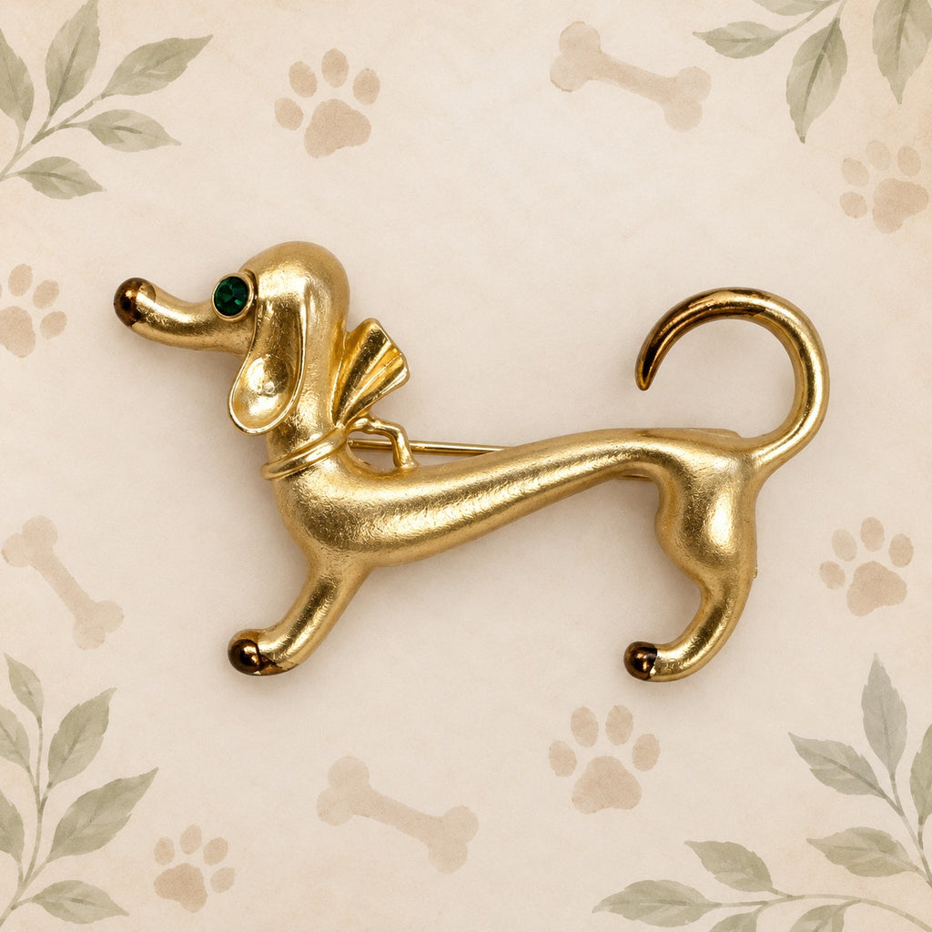 Gold Tone Dachshund Dog Brooch Pin Green Eyes Whimsical Puppy Jewelry CP168