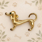 Gold Tone Dachshund Dog Brooch Pin Green Eyes Whimsical Puppy Jewelry CP168