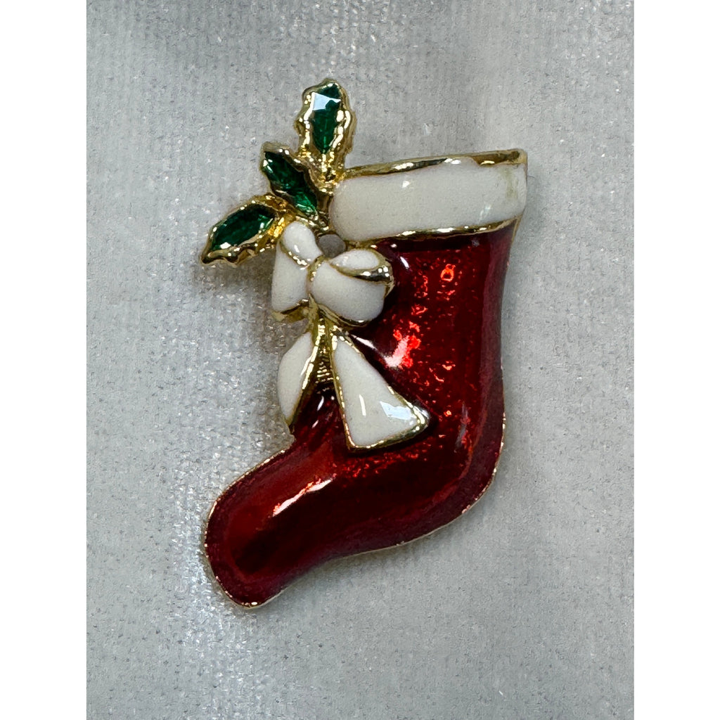 Vintage Enamel Christmas Stocking Brooch Pin Holiday Jewelry 1.75" CP166