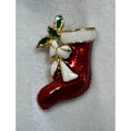 Vintage Enamel Christmas Stocking Brooch Pin Holiday Jewelry 1.75" CP166