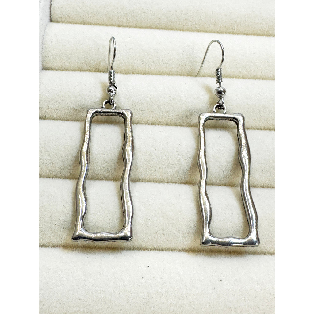 Silver Tone Open Rectangle Dangle Earrings Geometric 2.25" Long Modern E809