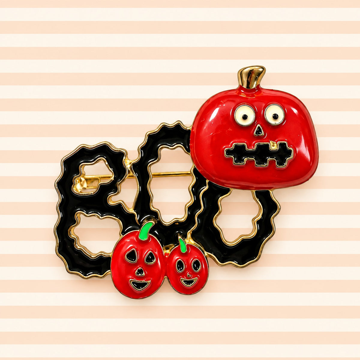 Halloween BOO Pumpkin Brooch Red Black Enamel Gold Tone Jack O Lantern Pin CP215
