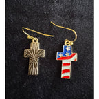 Americana USA Cross Flag Dangle Earrings Patriotic Red White Blue E215