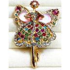 Rhinestone Fairy Ballerina Brooch Gold Tone Pink Wings 2.5" Pin CP246