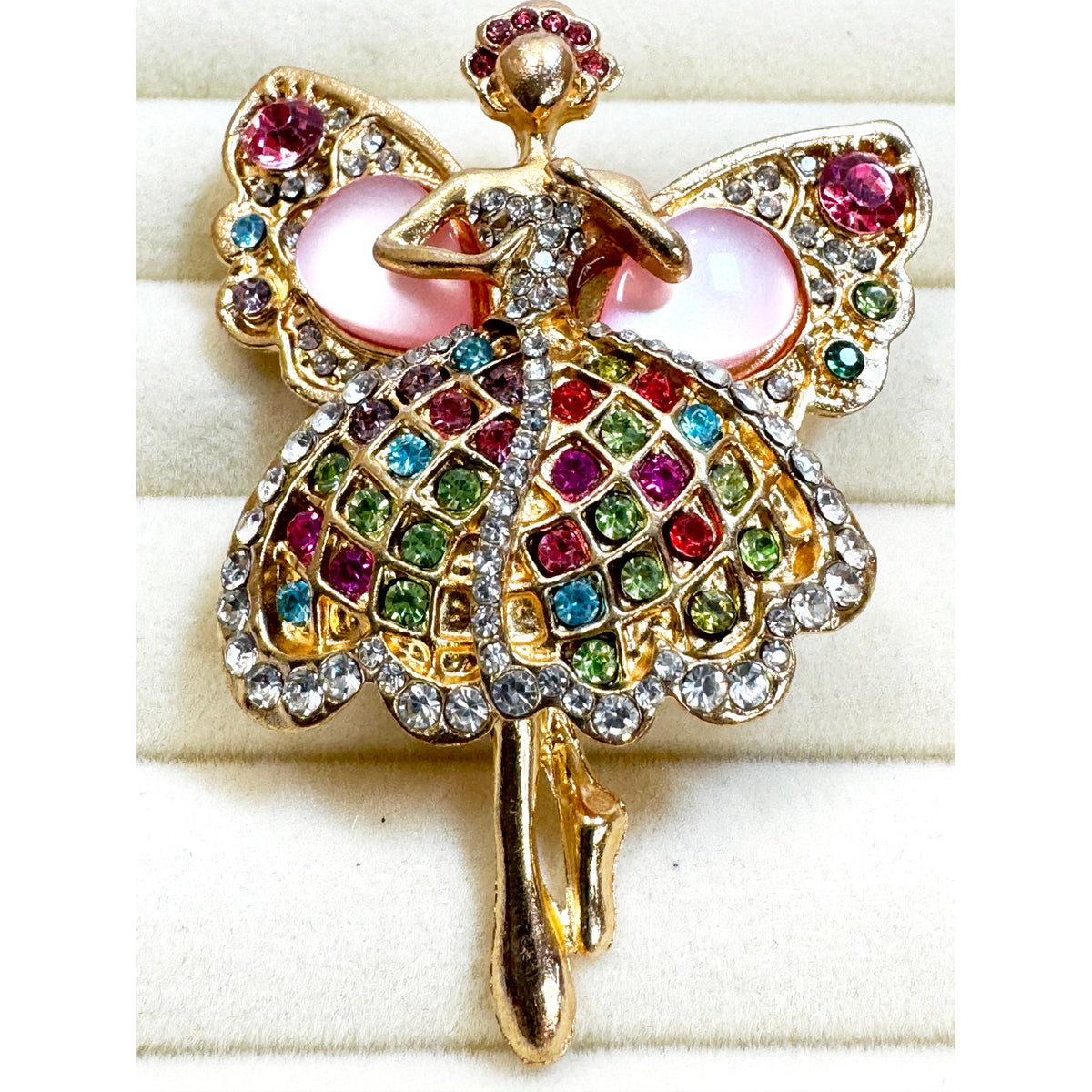 Rhinestone Fairy Ballerina Brooch Gold Tone Pink Wings 2.5" Pin CP246