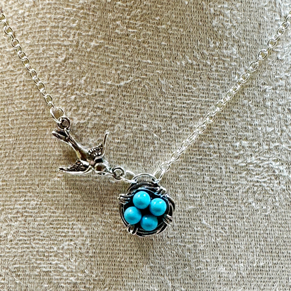 Bird Nest Necklace Turquoise Blue Eggs Silver Tone Swallow 18-20 Inch Chain N374