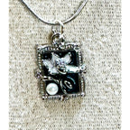 Silver Tone Black Enamel Flower Necklace Faux Pearl 18" Metal Cord New N463