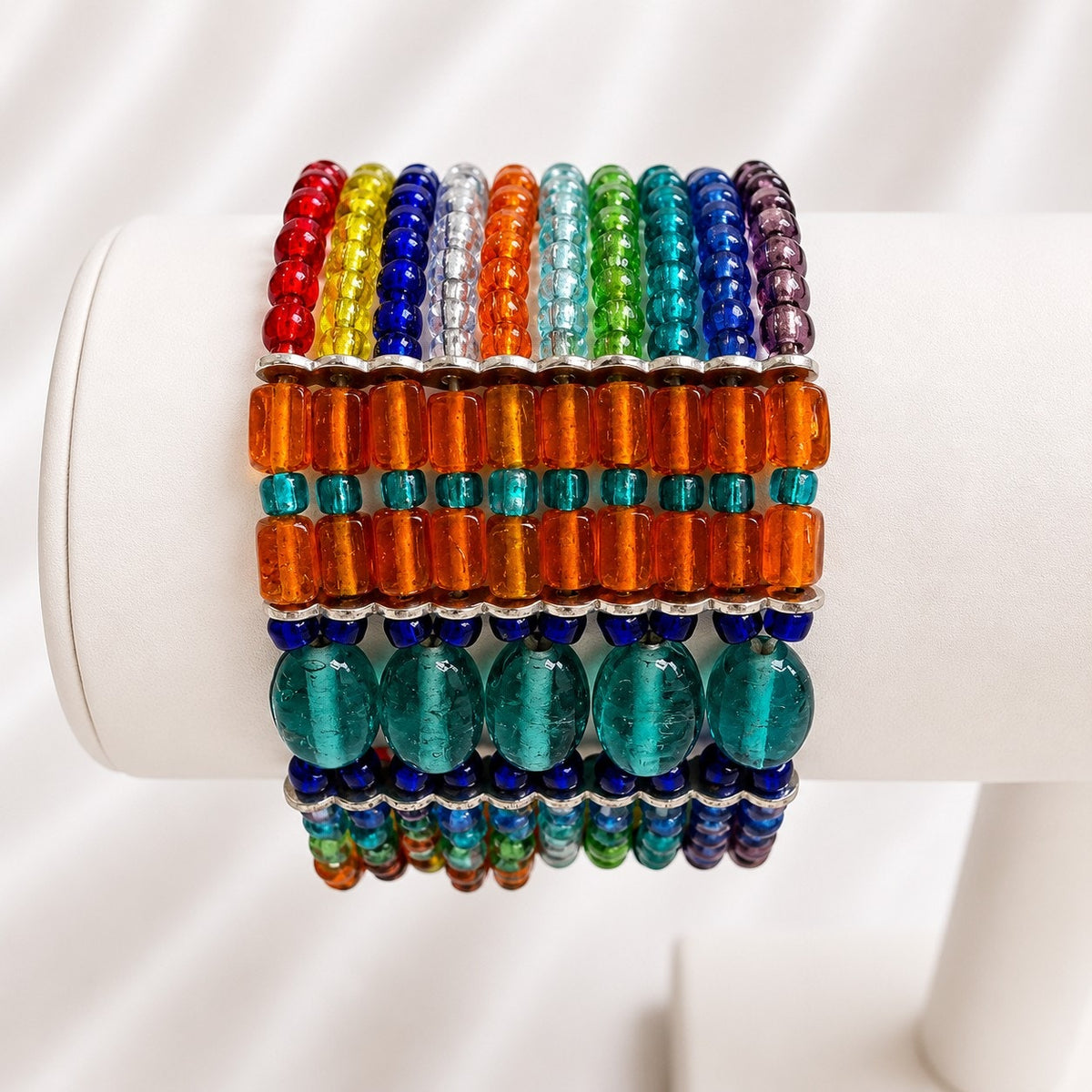 Wide Multicolor Beaded Stretch Cuff Bracelet Boho Statement B177