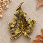 Gold Tone Maple Leaf Brooch Clear Rhinestone Vintage Style Fall Pin 2.75" CP212