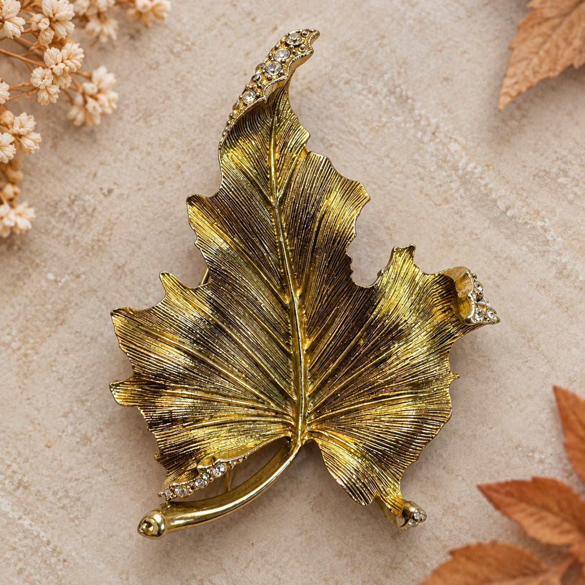Gold Tone Maple Leaf Brooch Clear Rhinestone Vintage Style Fall Pin 2.75" CP212