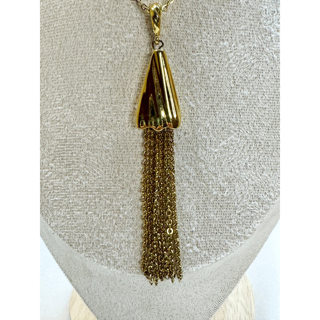 Gold Tone Tassel Pendant Necklace  Long Fringe Statement Necklace New N442
