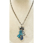 Blue Rhinestone Owl Pendant Necklace Silver Tone 22" Chain N468