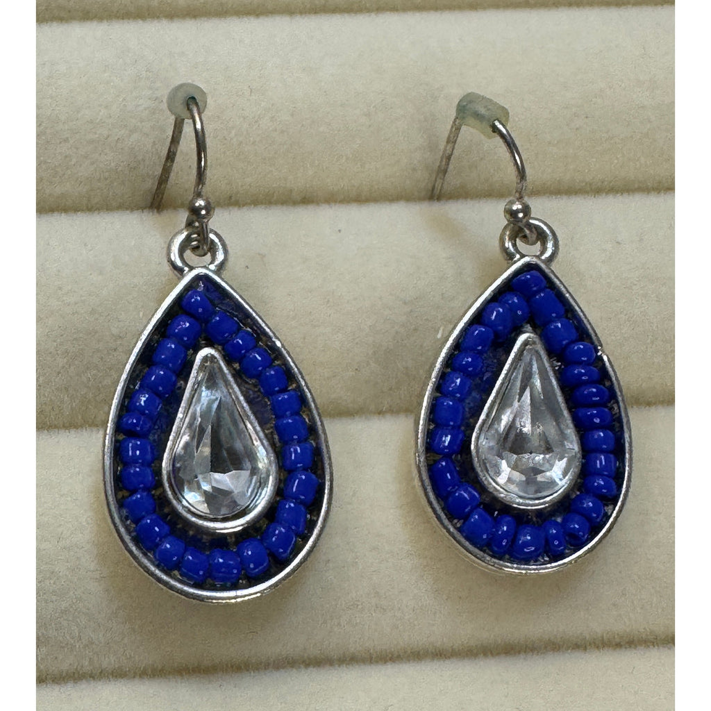 Blue Beaded Teardrop Dangle Earrings Silver Clear Crystal 1.25" Pre-Loved E611