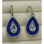 Blue Beaded Teardrop Dangle Earrings Silver Clear Crystal 1.25" Pre-Loved E611
