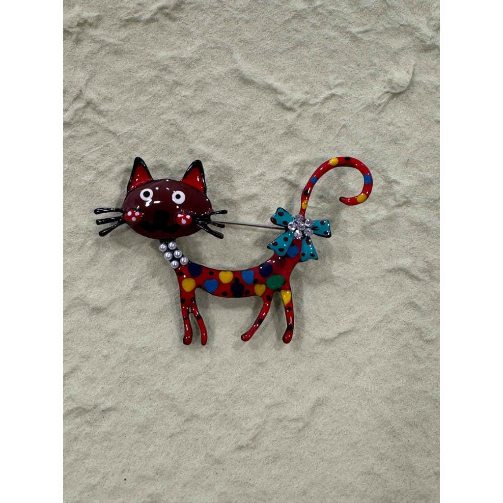 New Whimsical Red & Multi-Color Enamel Cat Brooch Pin  Costume Jewelry CP25