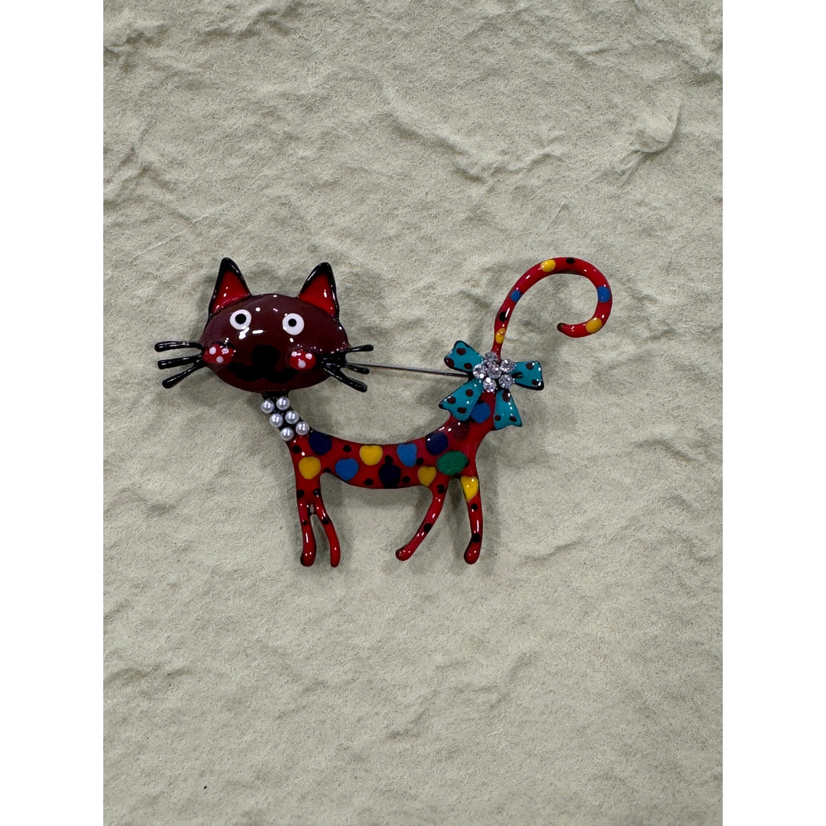 New Whimsical Red & Multi-Color Enamel Cat Brooch Pin  Costume Jewelry CP25