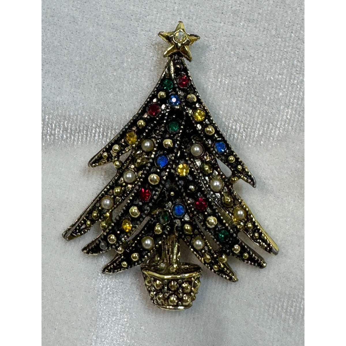 Vintage Christmas Tree Brooch Pin Rhinestones Pearls Holiday Jewelry 2.5" CP179