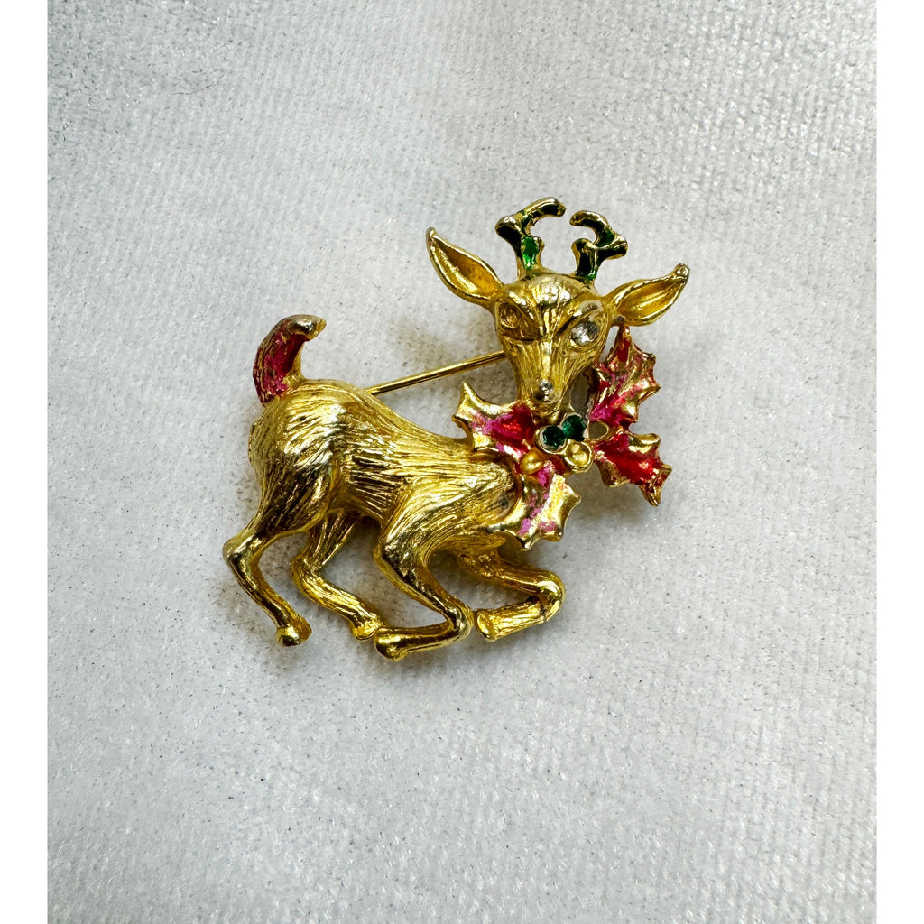 Vintage Christmas Reindeer Brooch Pin Gold Holiday Deer Fair Condition CP190