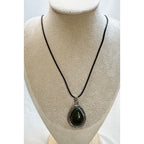 Black Teardrop Stone Pendant Necklace Silver Tone Black Cord Boho New  N383
