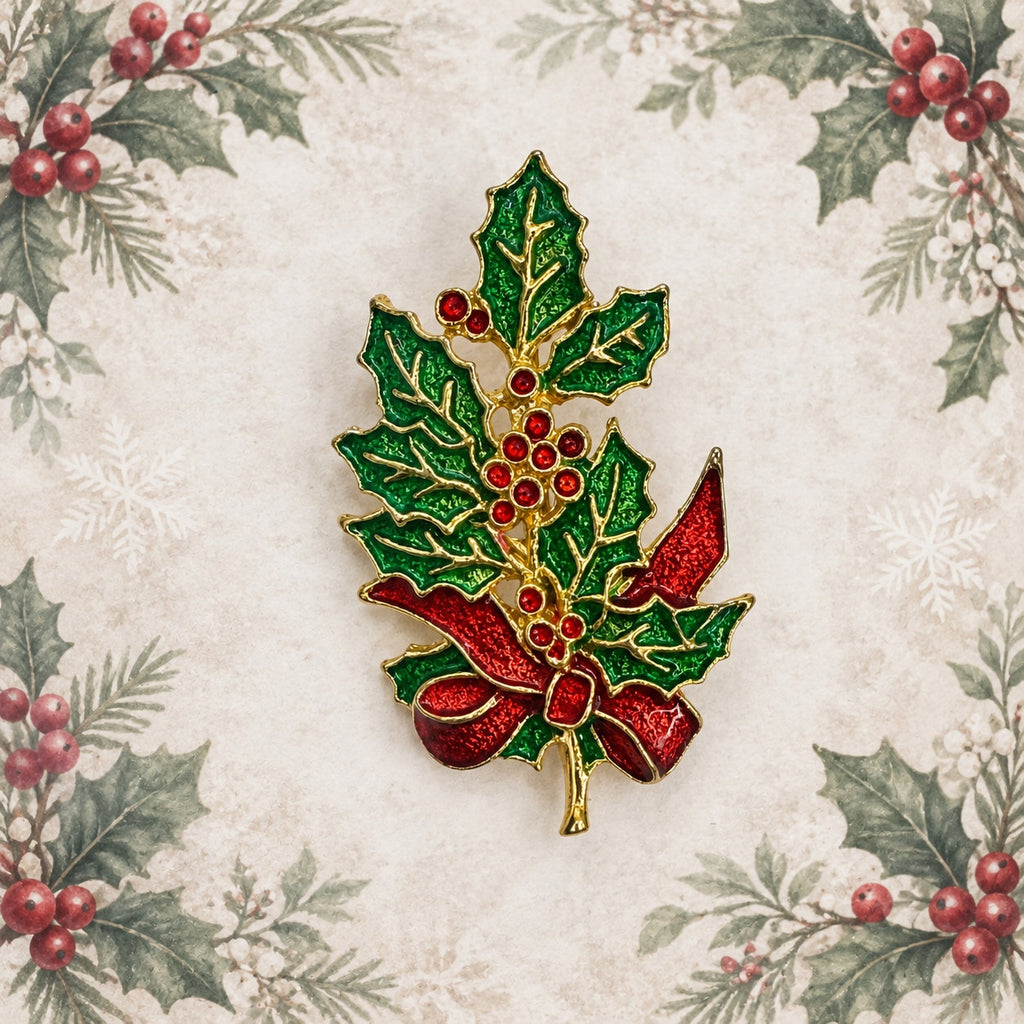 Christmas Holly Brooch Green Red Enamel Rhinestone Gold Tone Holiday Pin CP176