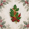 Christmas Holly Brooch Green Red Enamel Rhinestone Gold Tone Holiday Pin CP176