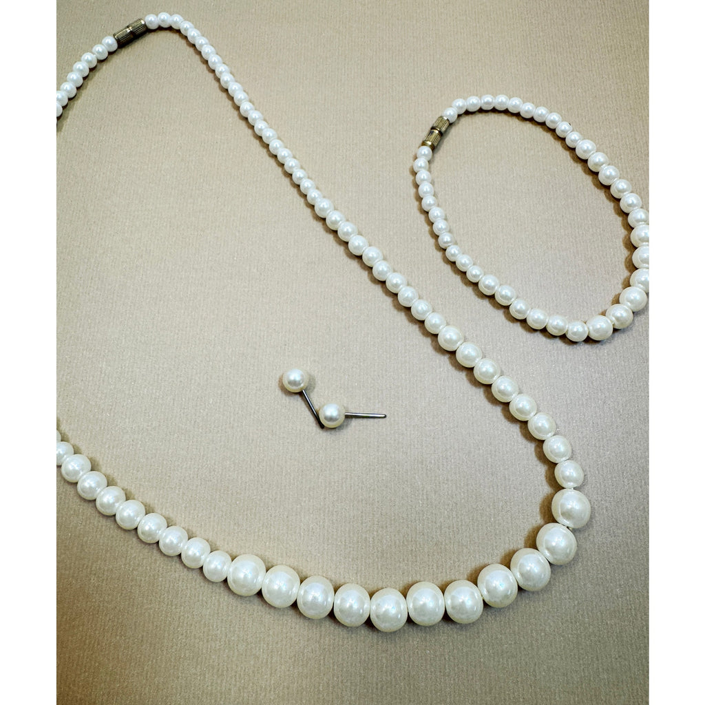 Faux Pearl Jewelry Set Necklace Bracelet Earrings Bridal Wedding Off White N356