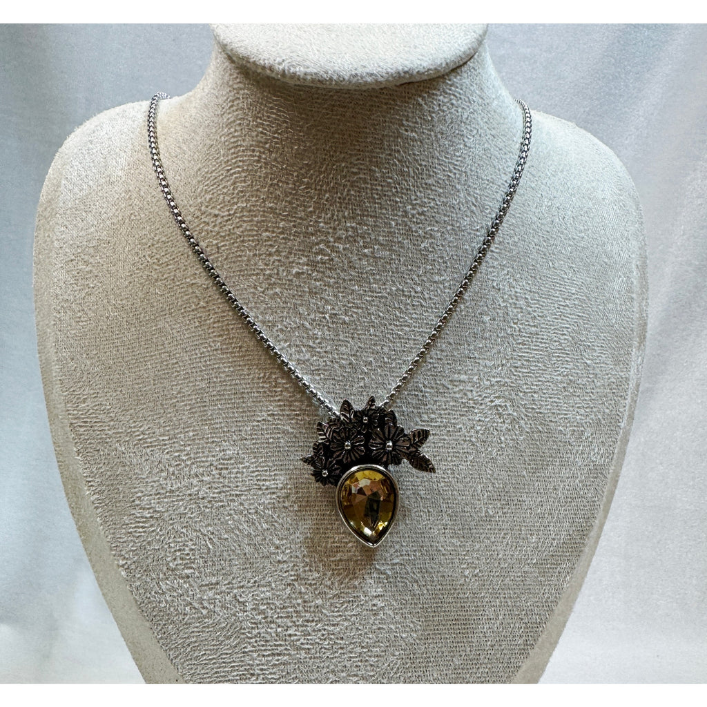 Silver Floral Crystal Necklace 22" Teardrop Pendant Vintage Style Statement N373