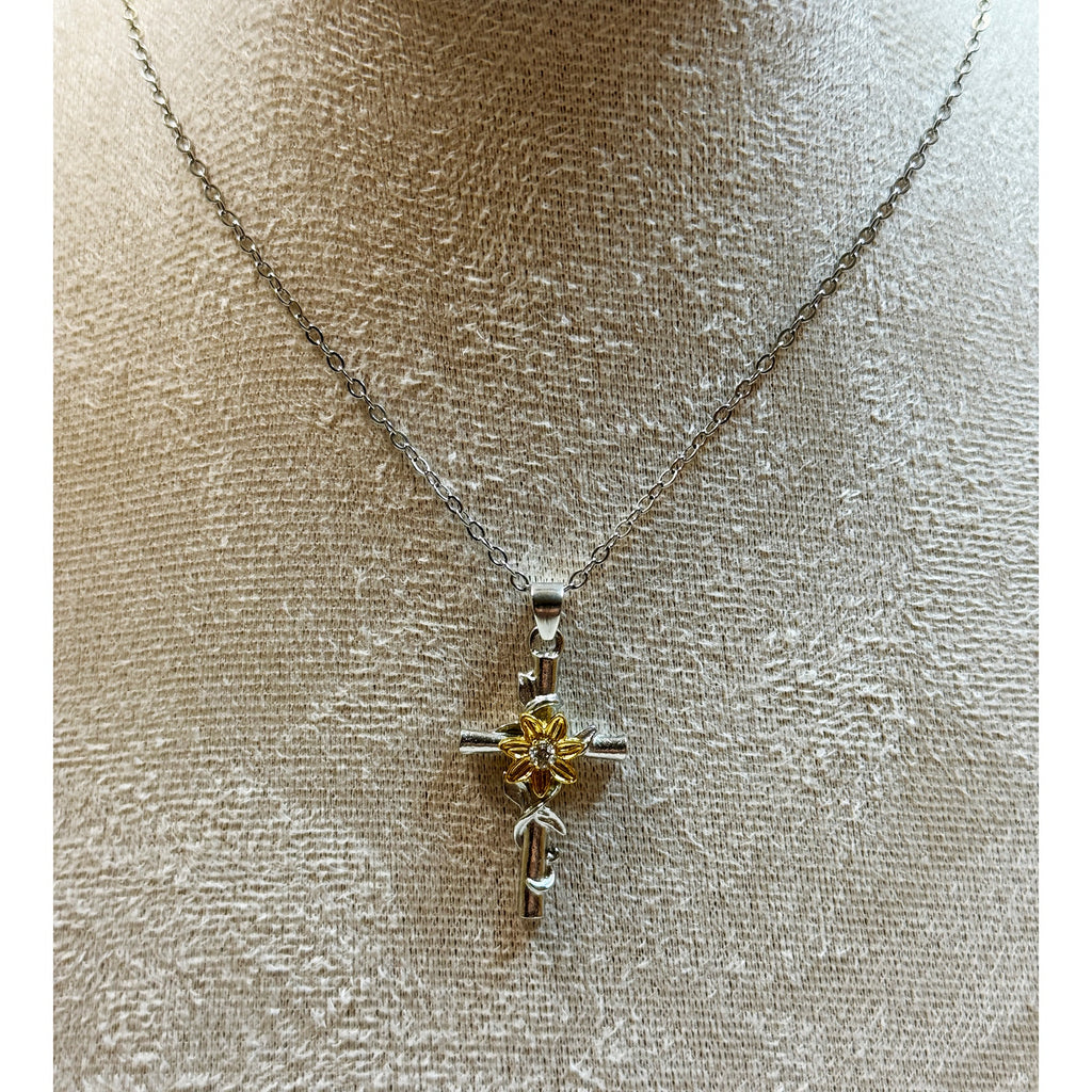 Sunflower Cross Necklace Silver Tone Gold Flower Pendant 16-18"  N370