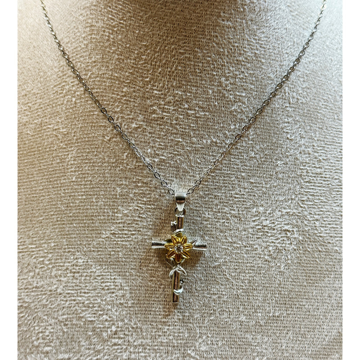 Sunflower Cross Necklace Silver Tone Gold Flower Pendant 16-18"  N370