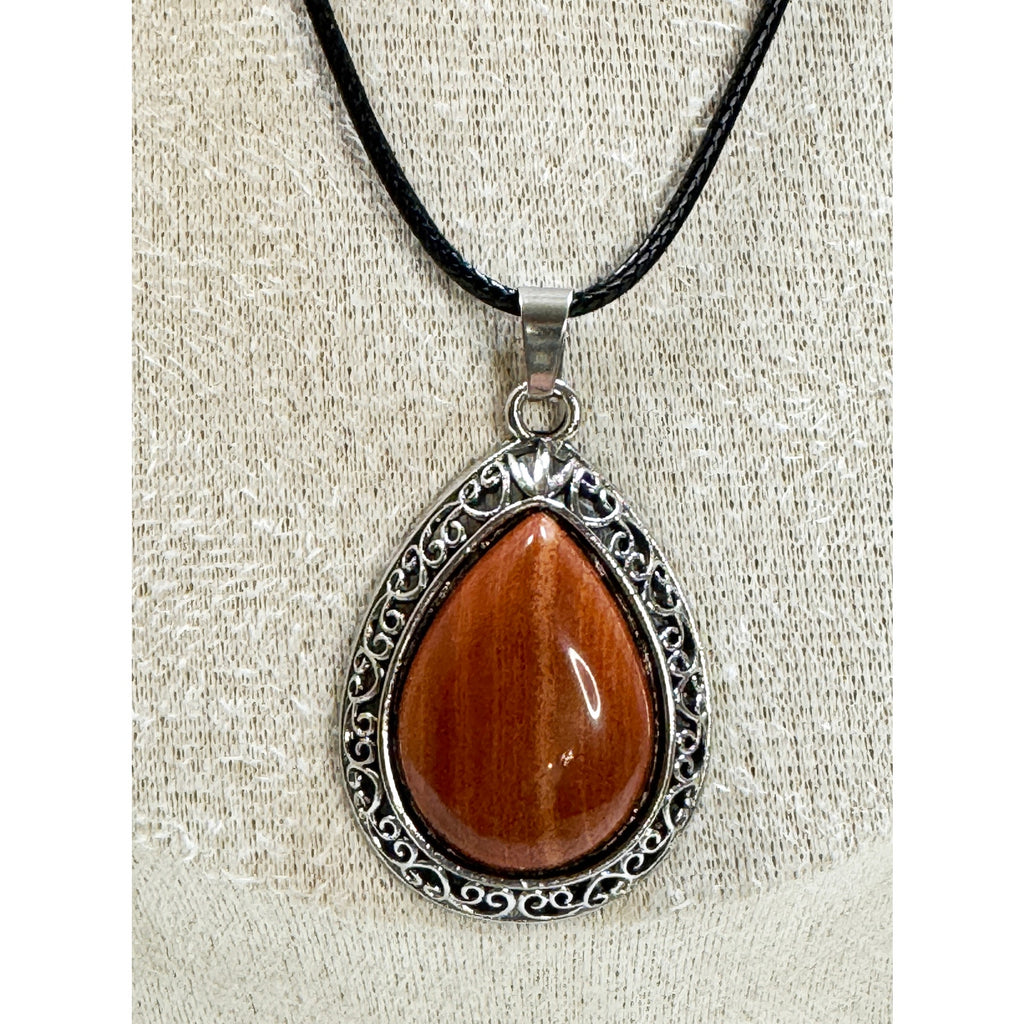 Red Teardrop Stone Pendant Necklace Silver Tone Black Cord Boho New  N384