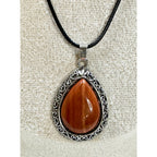 Red Teardrop Stone Pendant Necklace Silver Tone Black Cord Boho New  N384