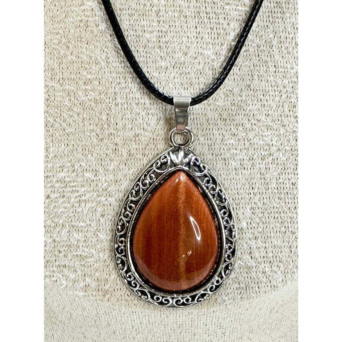 Red Teardrop Stone Pendant Necklace Silver Tone Black Cord Boho New  N384