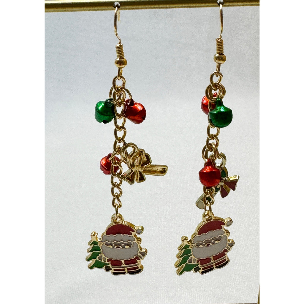 Christmas Santa Charm Dangle Earrings Gold Tone Jingle Bells Holiday 3 Inch E385