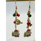 Christmas Santa Charm Dangle Earrings Gold Tone Jingle Bells Holiday 3 Inch E385