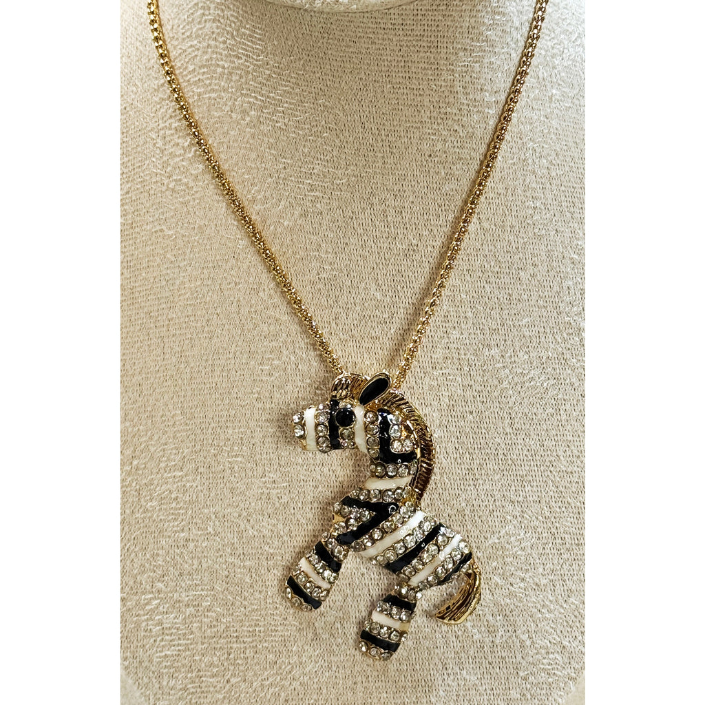 Zebra Pendant Necklace Gold Tone Rhinestone Enamel 22-24" Chain New N387
