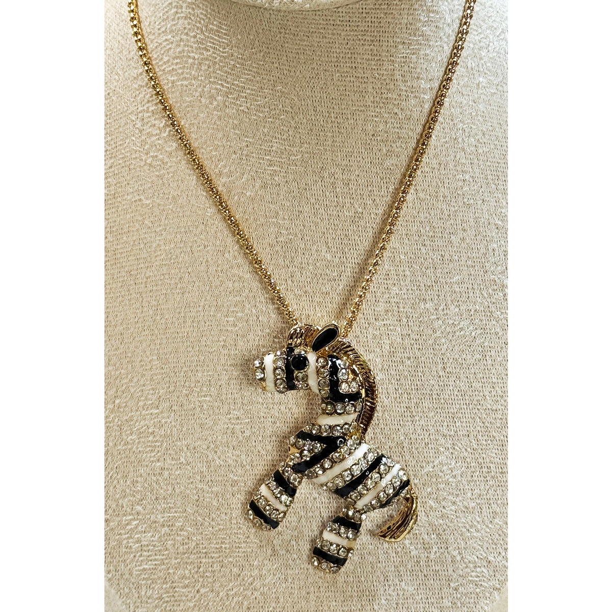 Zebra Pendant Necklace Gold Tone Rhinestone Enamel 22-24" Chain New N387