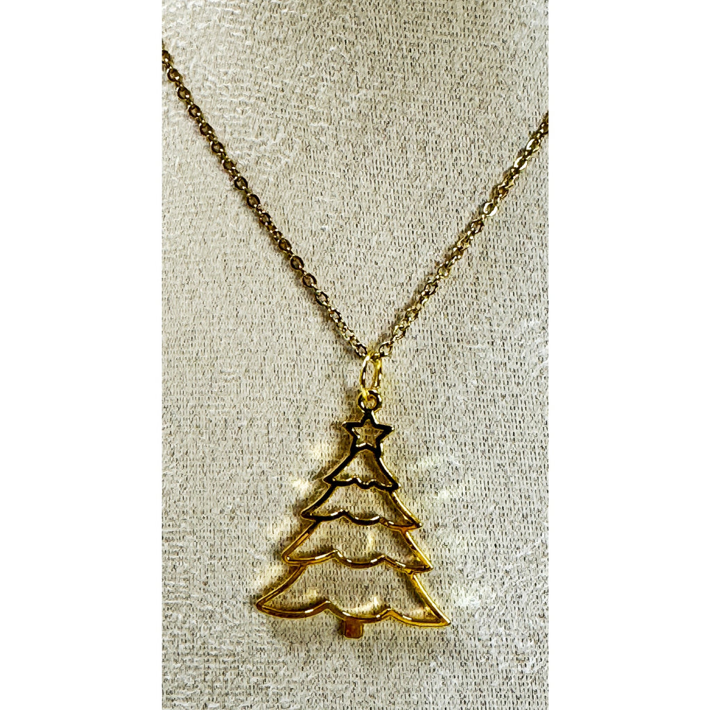 Gold Christmas Tree Pendant Necklace 24" Chain Holiday Xmas Jewelry New N448