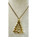 Gold Christmas Tree Pendant Necklace 24" Chain Holiday Xmas Jewelry New N448