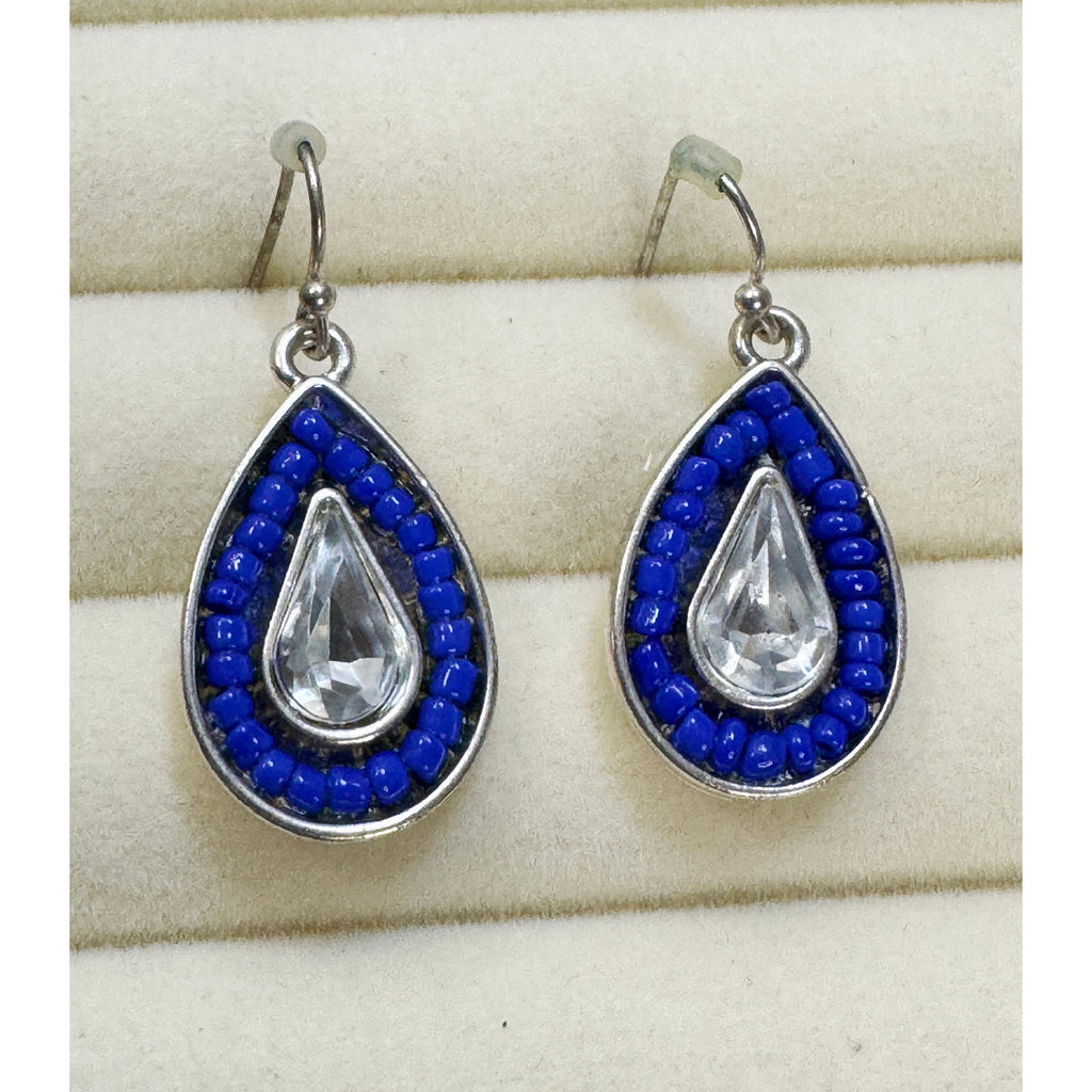 Blue Beaded Teardrop Dangle Earrings Silver Clear Crystal 1.25" Pre-Loved E611