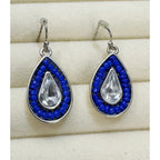 Blue Beaded Teardrop Dangle Earrings Silver Clear Crystal 1.25" Pre-Loved E611