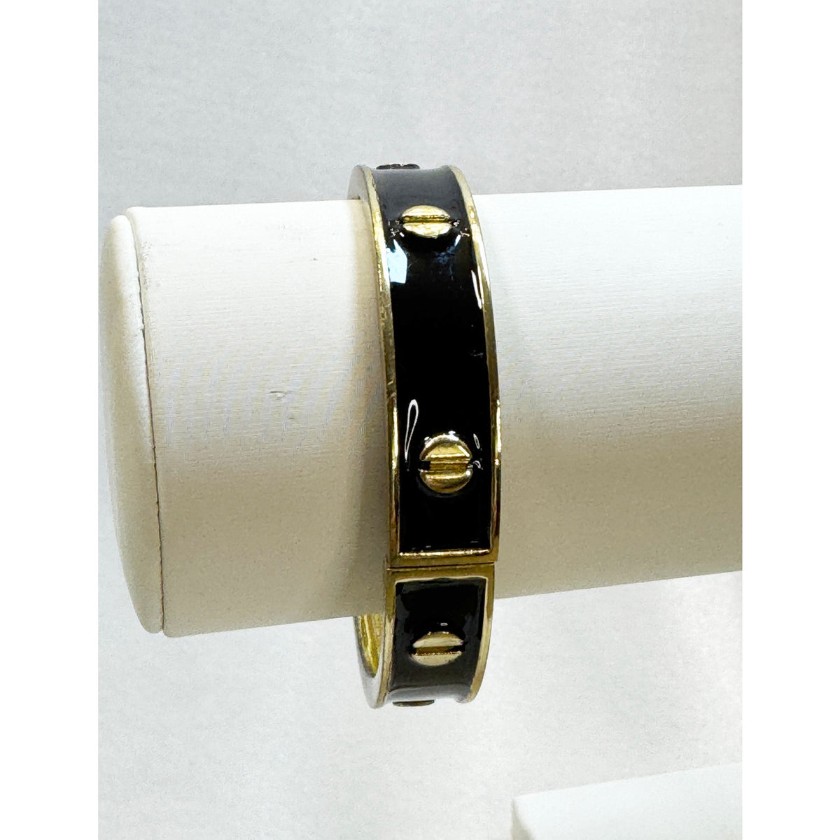 Vintage Black Enamel Hinged Bangle Bracelet Gold Tone Studded 1/2" Wide  B083