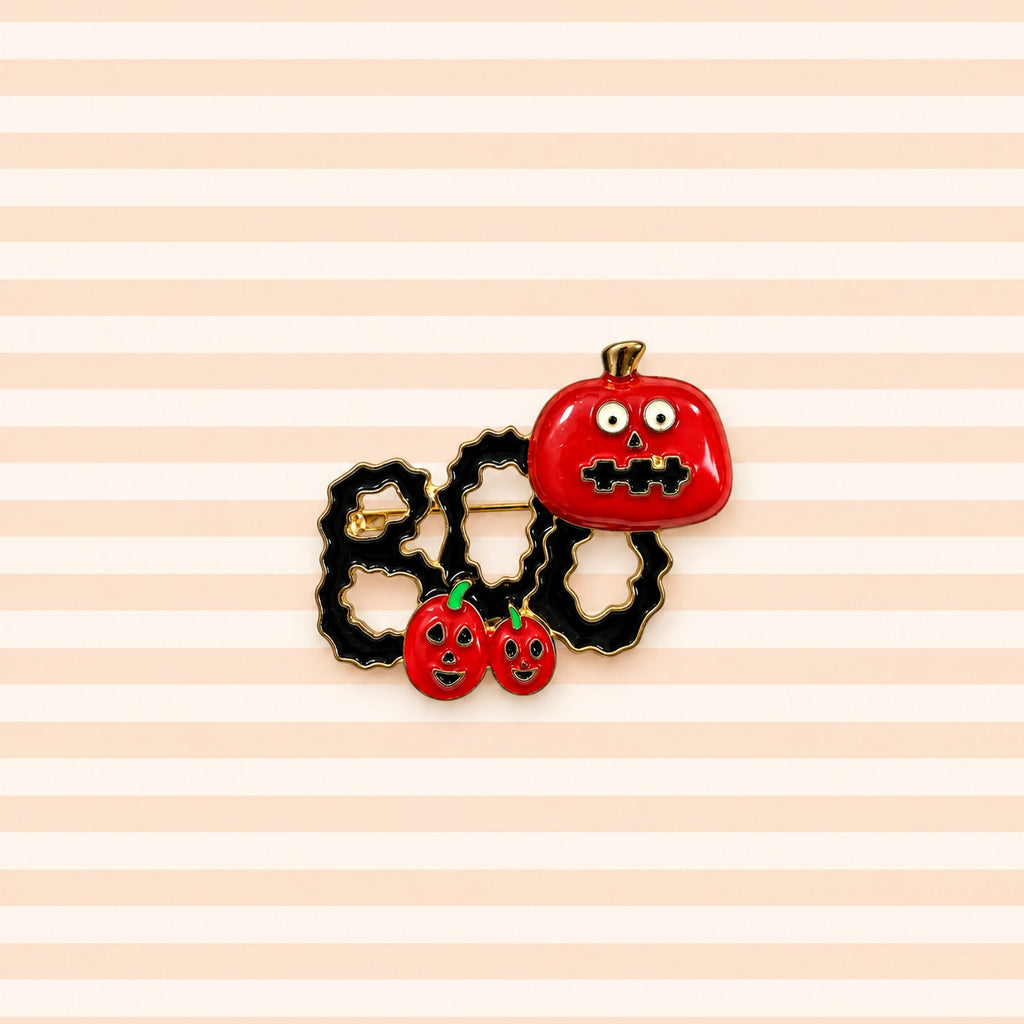 Halloween BOO Pumpkin Brooch Red Black Enamel Gold Tone Jack O Lantern Pin CP215