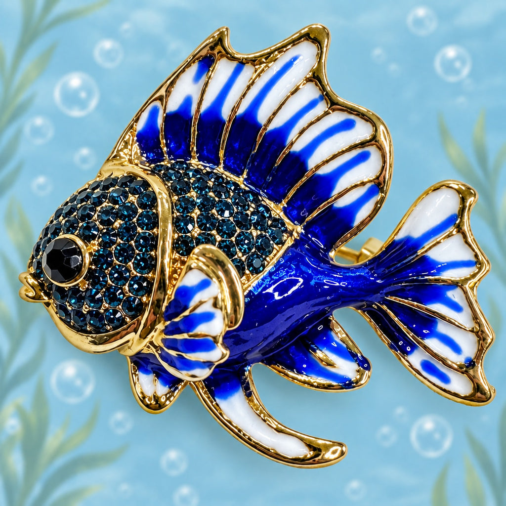 lue Tropical Fish Brooch Pin Rhinestone Gold Tone Enamel Ocean Jewelry CP180