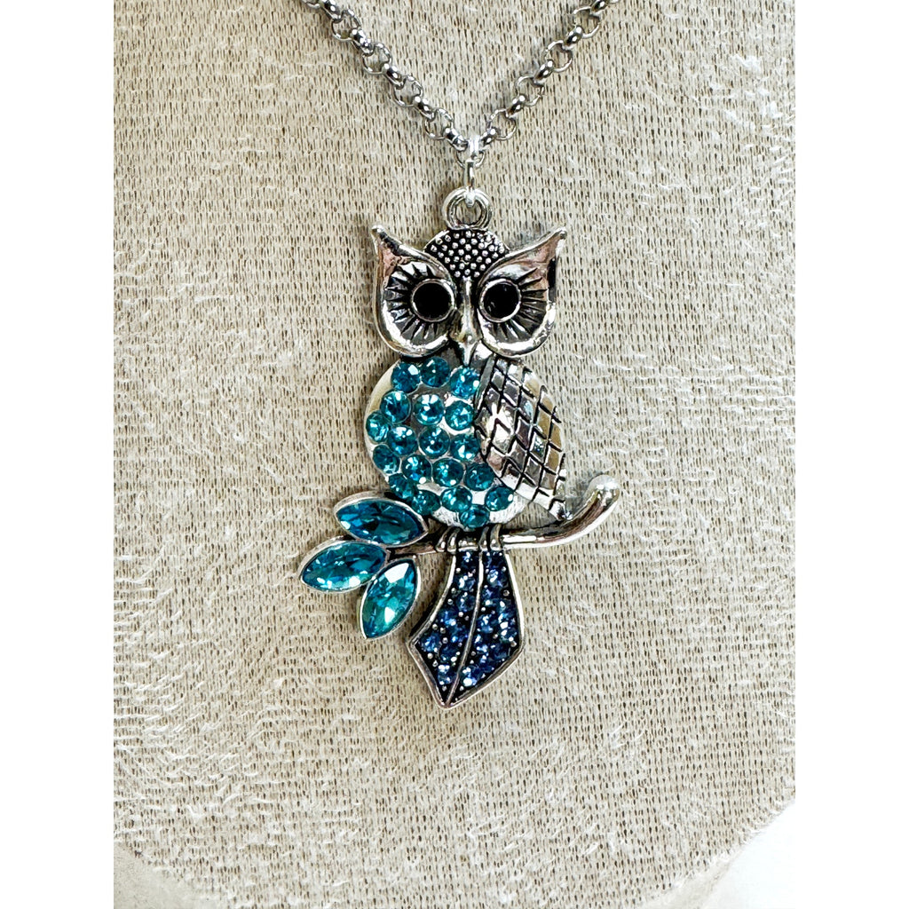 Silver Owl Pendant Necklace Blue Rhinestones Crystal Owl Necklace 2" N469