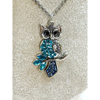 Silver Owl Pendant Necklace Blue Rhinestones Crystal Owl Necklace 2" N469