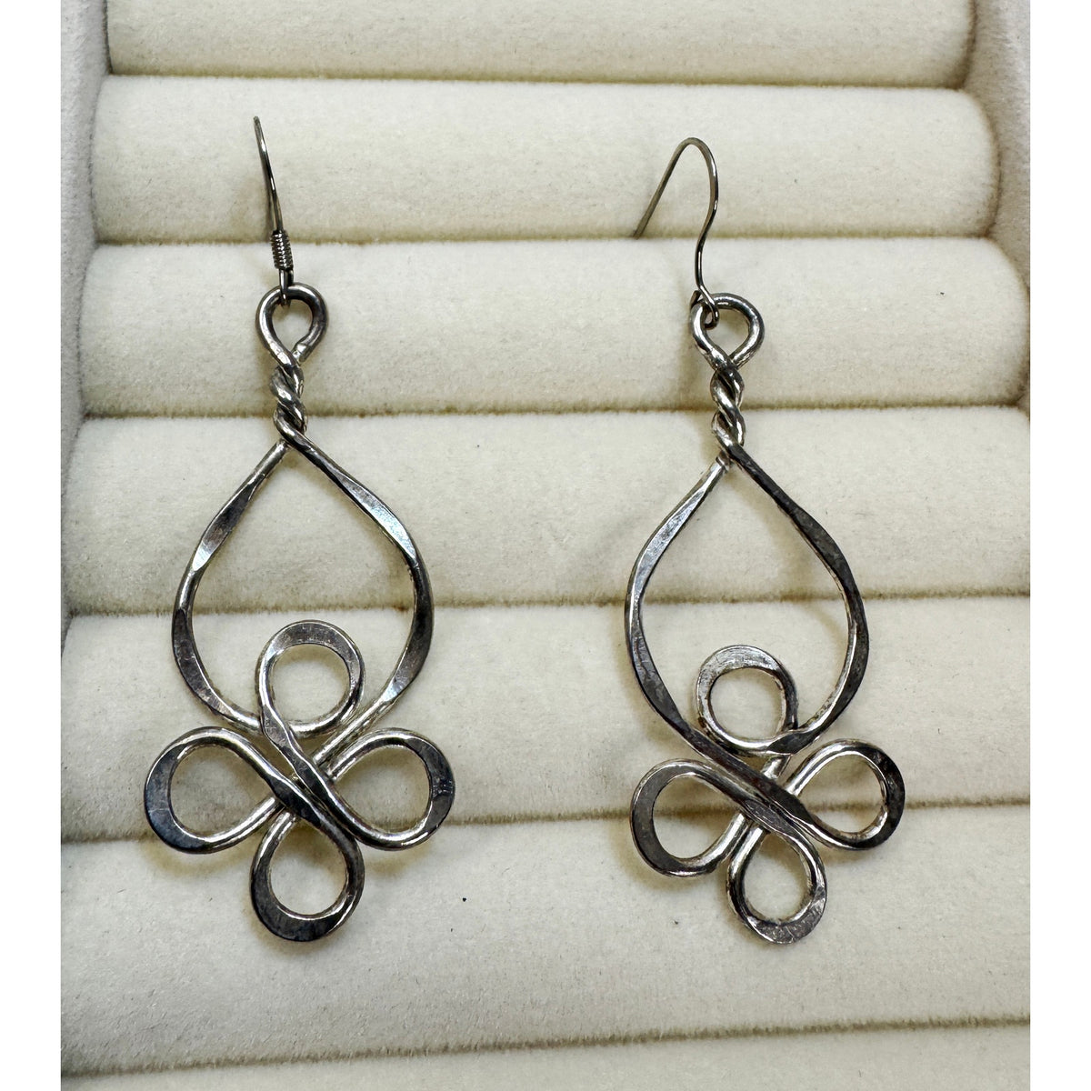 Silver Tone Openwork Drop Dangle Earrings Abstract Swirl 2" Boho Pre-Loved E512