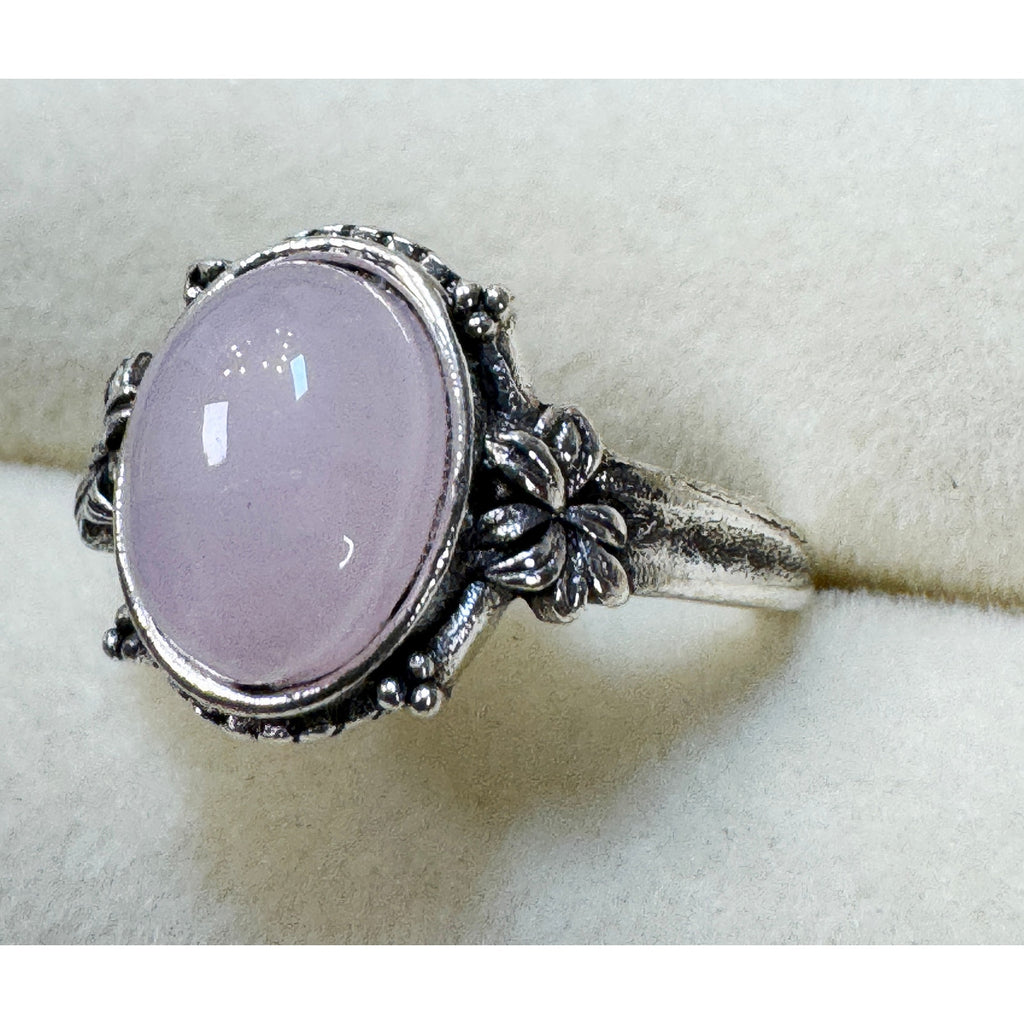 New Size 7 Pink Oval Cabochon Ring Silver Tone Floral Statement Ring R007